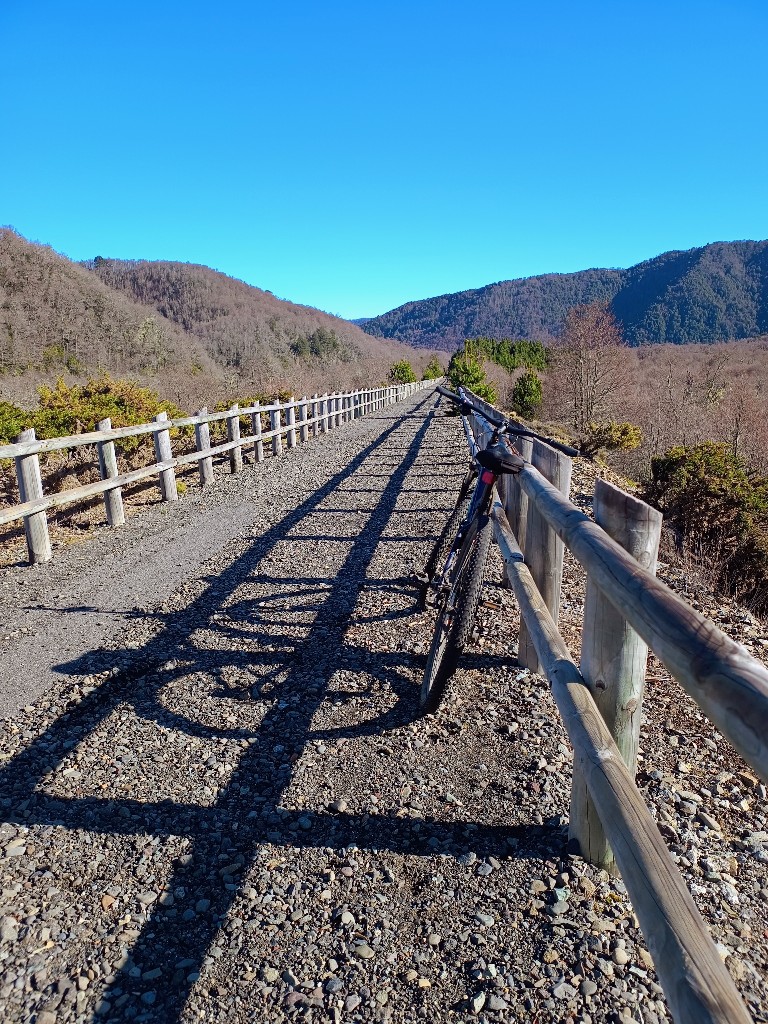 Ciclovía de Malalcahuello con barandas de madera, bicicleta y cerros al fondo