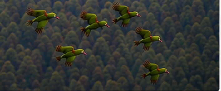 Bandada de loros volando sobre las copas del bosque nativo de la Araucanía