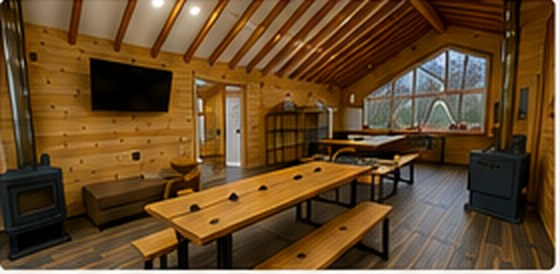 Comedor de Refugio Kürü con mesa larga de madera para nueve personas