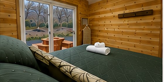 Dormitorio principal de Refugio Kürü con ventanal hacia el bosque